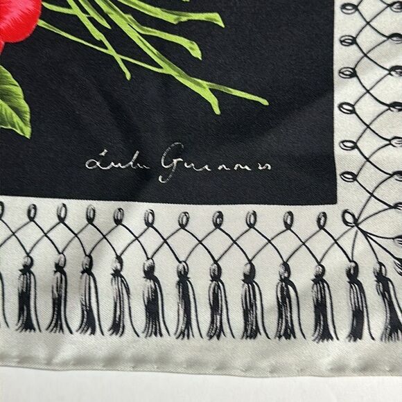 Lulu Guinness Silk Scarf “Life is a Bed of Roses” Black Floral Print Hand Rolled - Picture 9 of 13